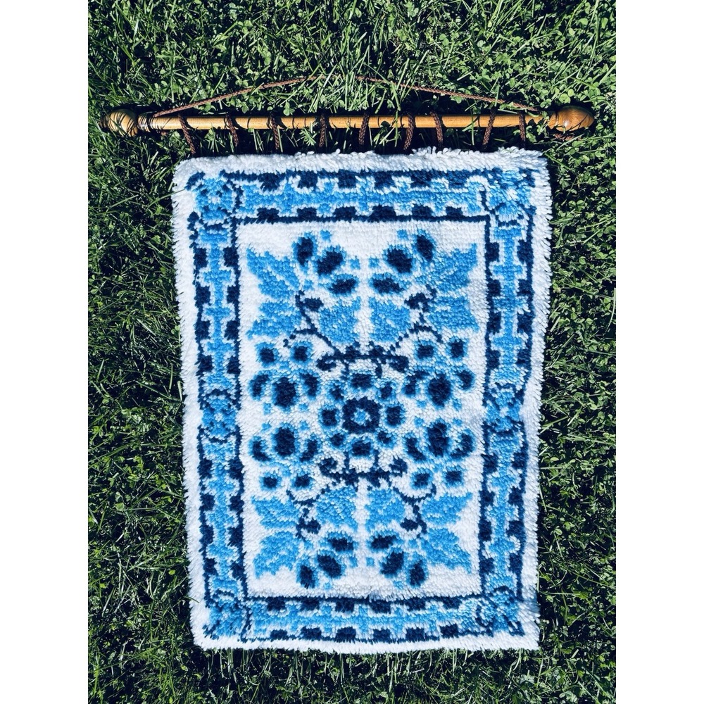 Vintage 1970s Latch Hook Rug Wall Hanging Delft Blue Floral Tapestry Retro
